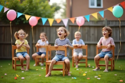 Groupe d'enfants jouant aux chaises musicales dans un jardin décoré pour un anniversaire