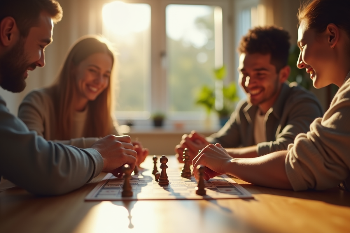 Deux personnes jouent à un jeu de société en journée