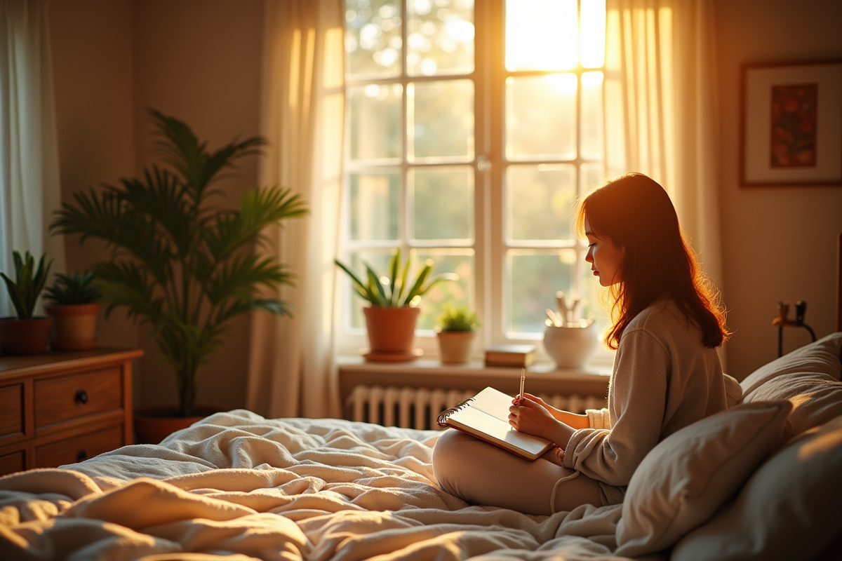 Personne écrivant dans un journal dans une chambre lumineuse