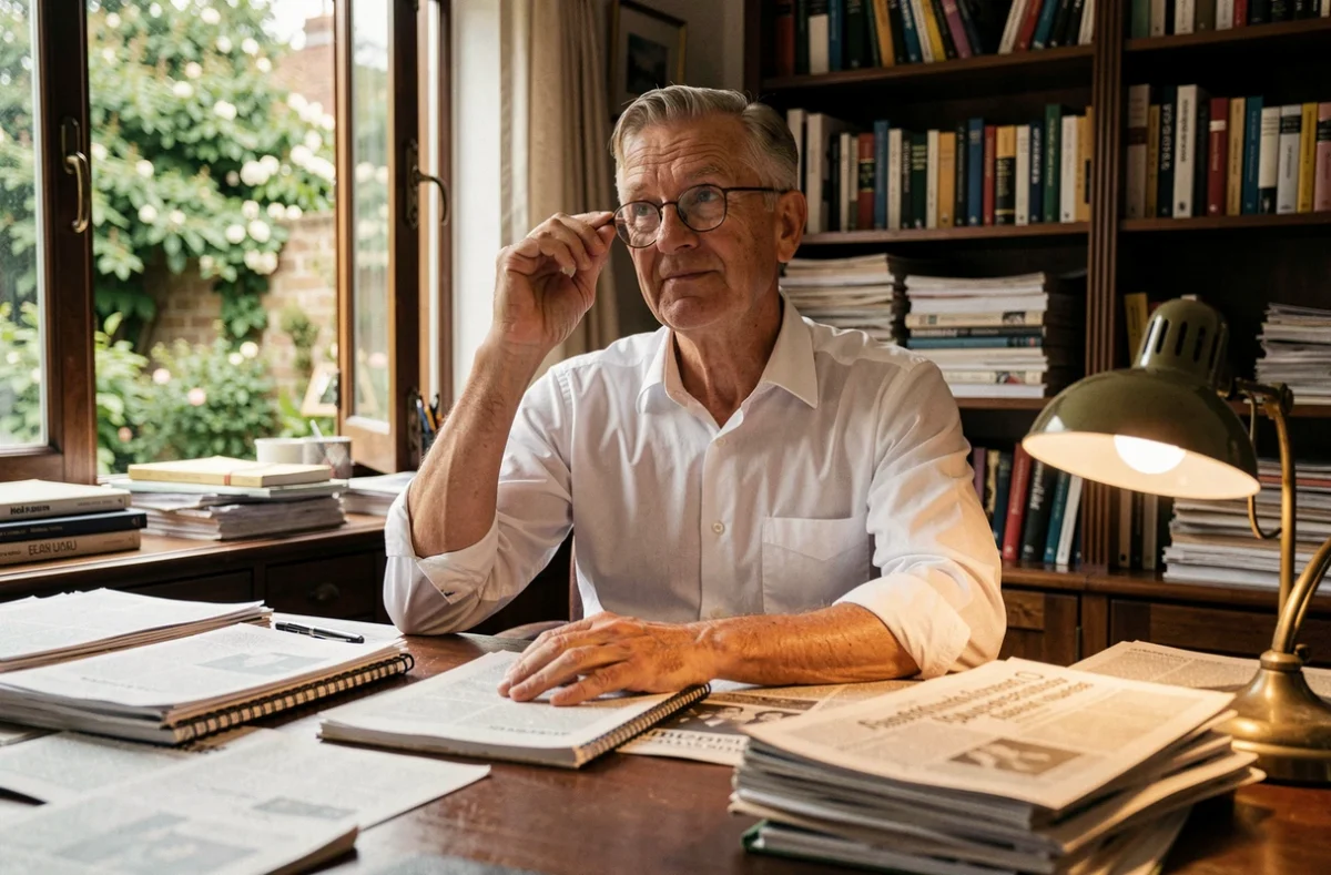 Journaliste en pleine réflexion dans son bureau, illustrant l'univers professionnel de Vincent Hervouët