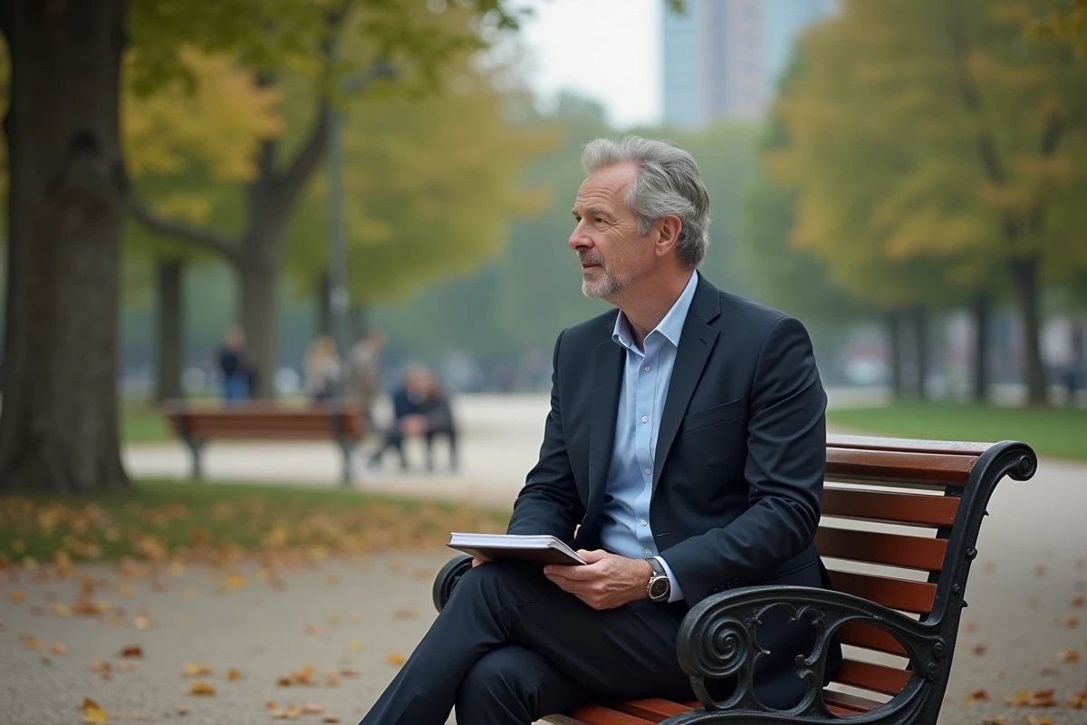 Journaliste assis dans un parc urbain
