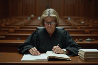 Juge aux affaires familiales examinant un dossier de garde d'enfant dans un tribunal, illustrant la décision judiciaire concernant une mère bipolaire