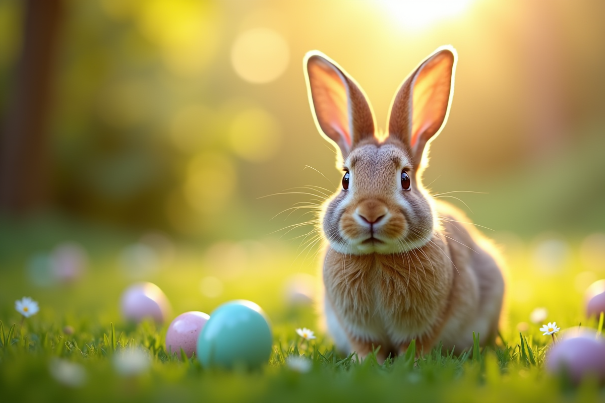 Lapin vert dans un jardin ensoleille avec œufs de Pâques cachés