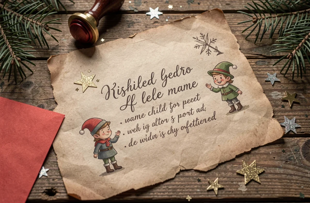 Lettre de lutin farceur à imprimer personnalisée posée sur une surface en bois avec des accessoires de Noël