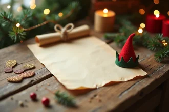 Lettre de lutin farceur posée sur une table en bois rustique entourée d'empreintes de pas scintillantes et d'accessoires magiques de Noël