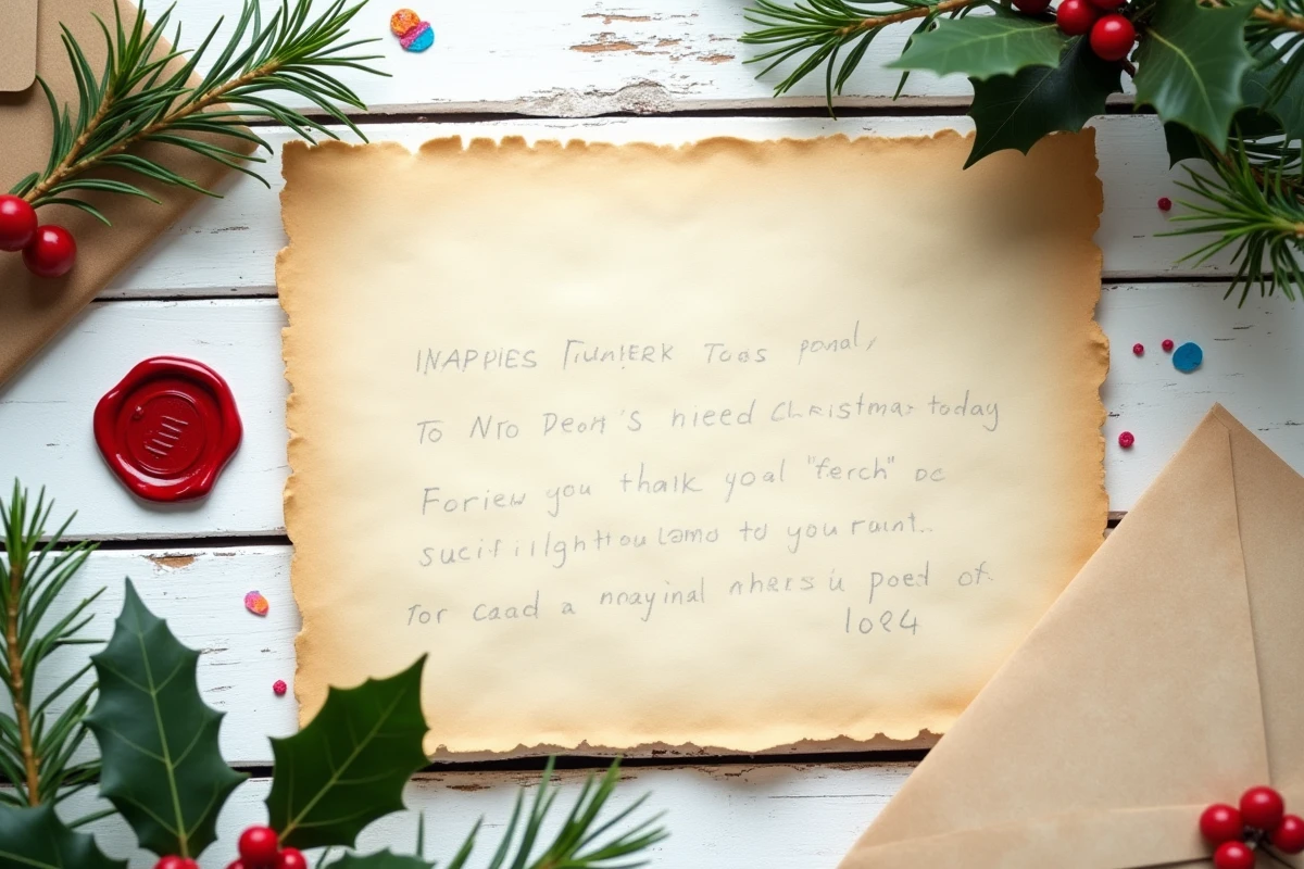 Lettre de réponse du Père Noël manuscrite avec cachet de cire et dessins d'enfants