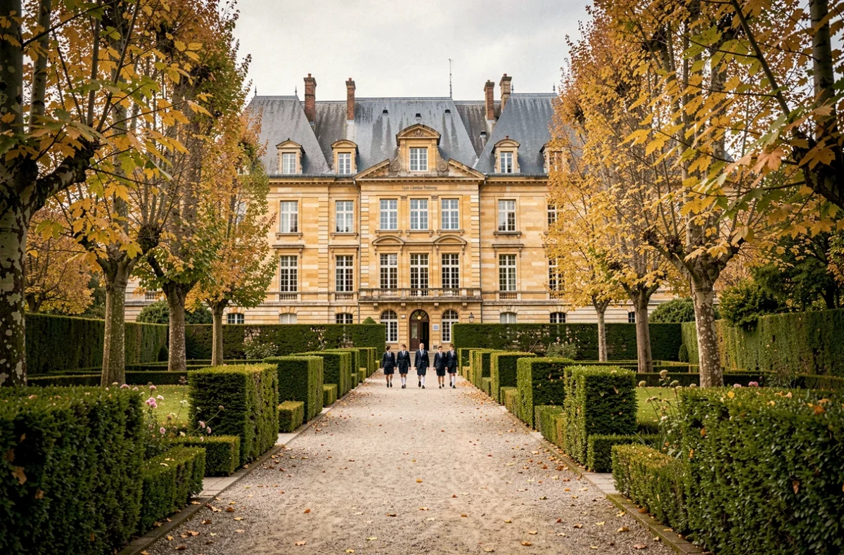 Bâtiment historique du Lycée Catholique de Pontlevoy entouré de jardins à la française avec des élèves en uniforme