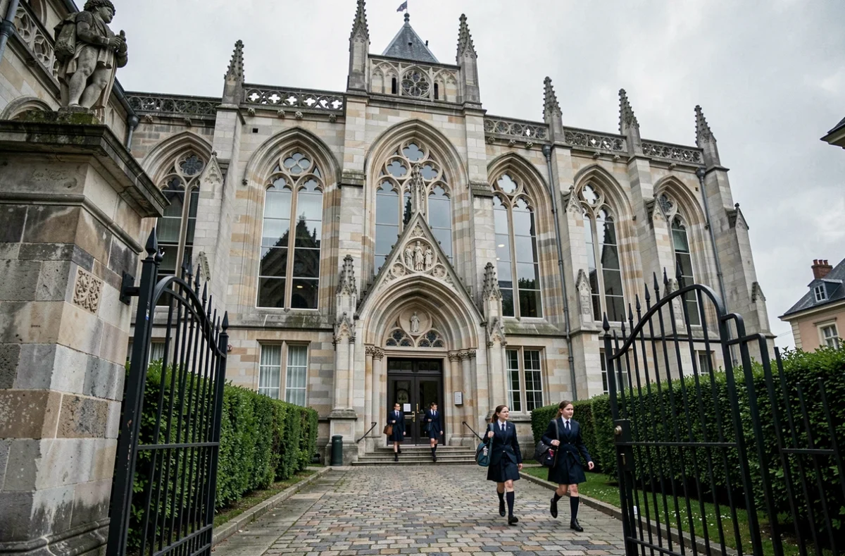 Façade gothique du Lycée Notre-Dame de Chartres avec des élèves en uniforme entrant par le portail