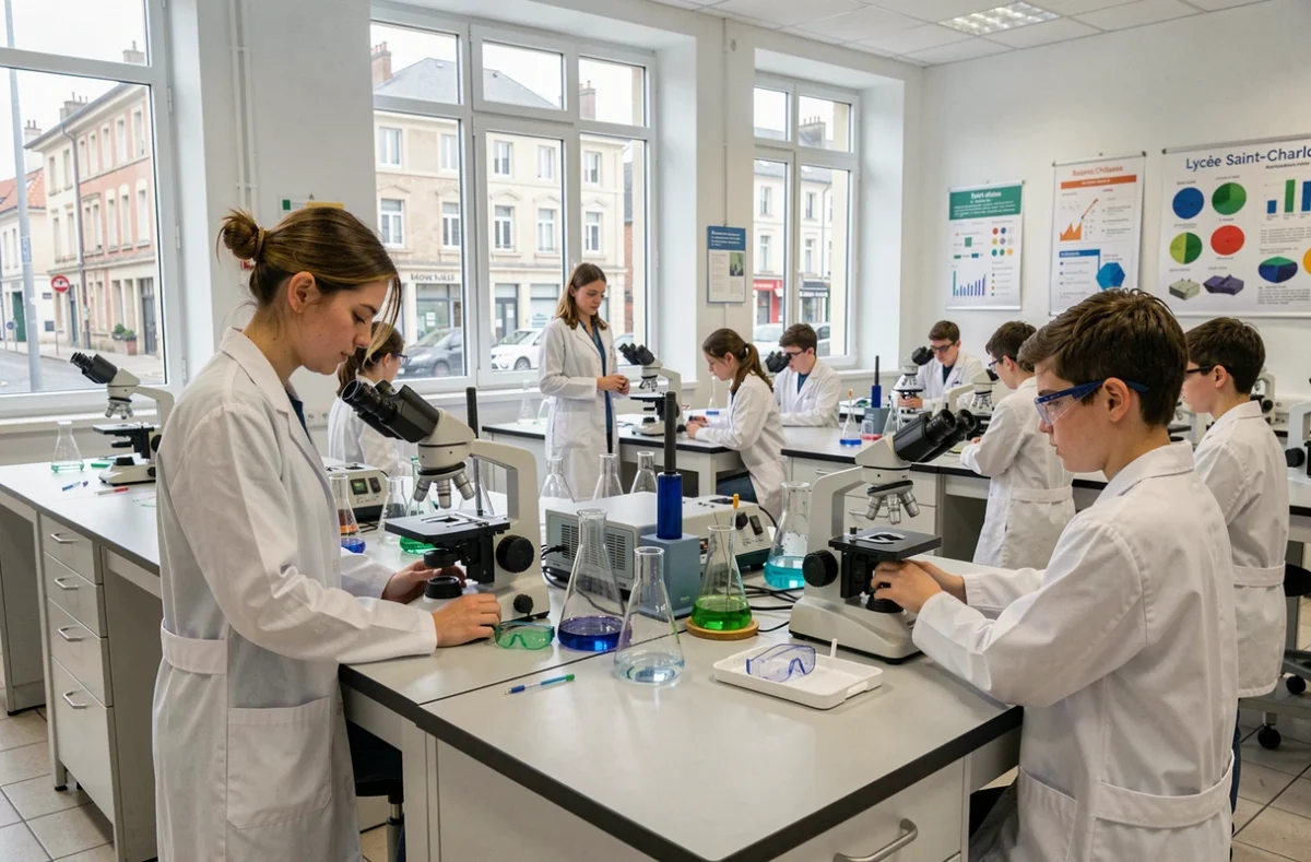 Laboratoire de sciences du Lycée Saint-Charles à Orléans avec des élèves en blouse blanche réalisant une expérience