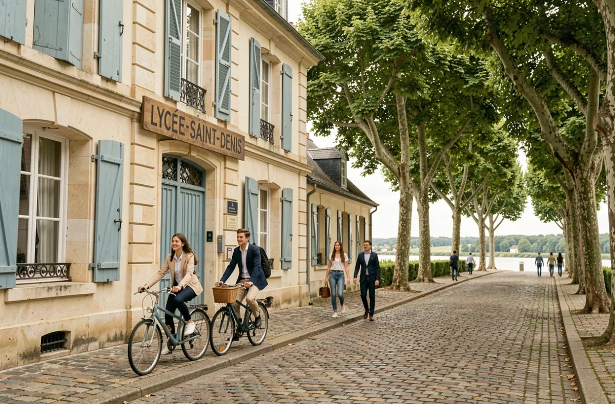 Façade provinciale du Lycée Saint-Denis à Amboise avec des élèves arrivant à vélo sur les pavés