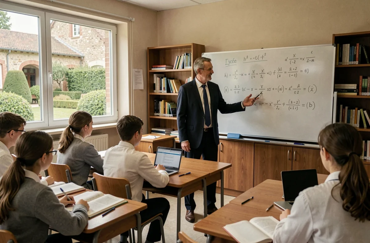 Salle de classe du Lycée Saint-Grégoire à Tours avec un enseignant devant des élèves attentifs