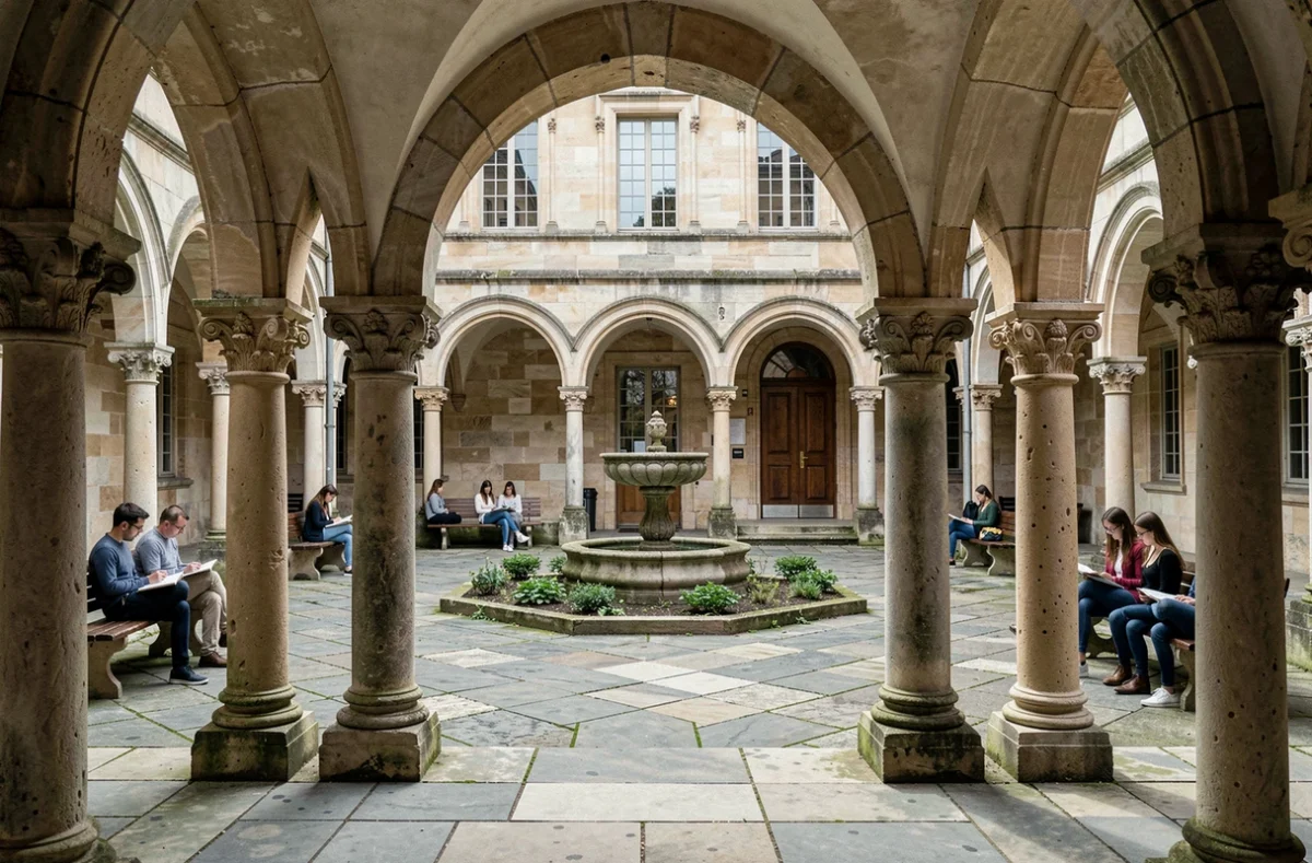 Cour à cloître du Lycée Sainte-Croix Saint-Euverte à Orléans avec des élèves lisant sous les arcades romanes