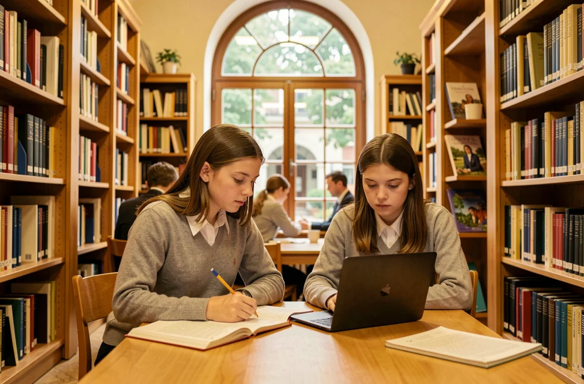 Deux élèves du Lycée Sainte-Ursule à Tours étudiant ensemble dans une bibliothèque aux rayonnages en bois
