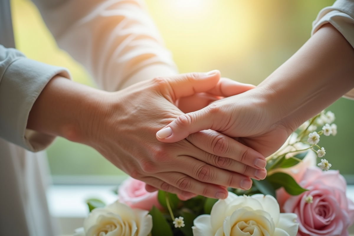 Mains de personnes âgées tenant une bouquet de fleurs pastel en journée