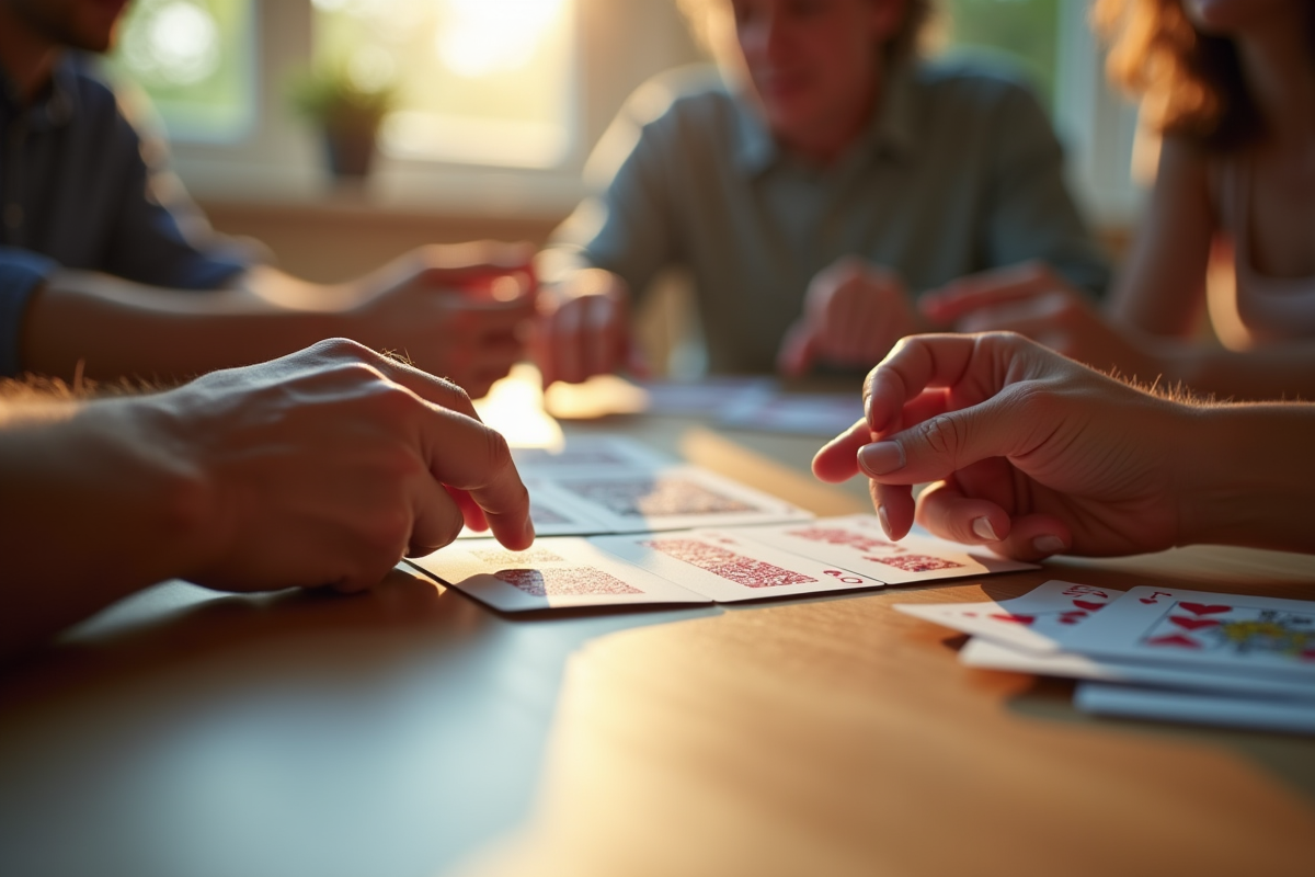 Mains de différentes personnes jouant au rummy sur une table moderne