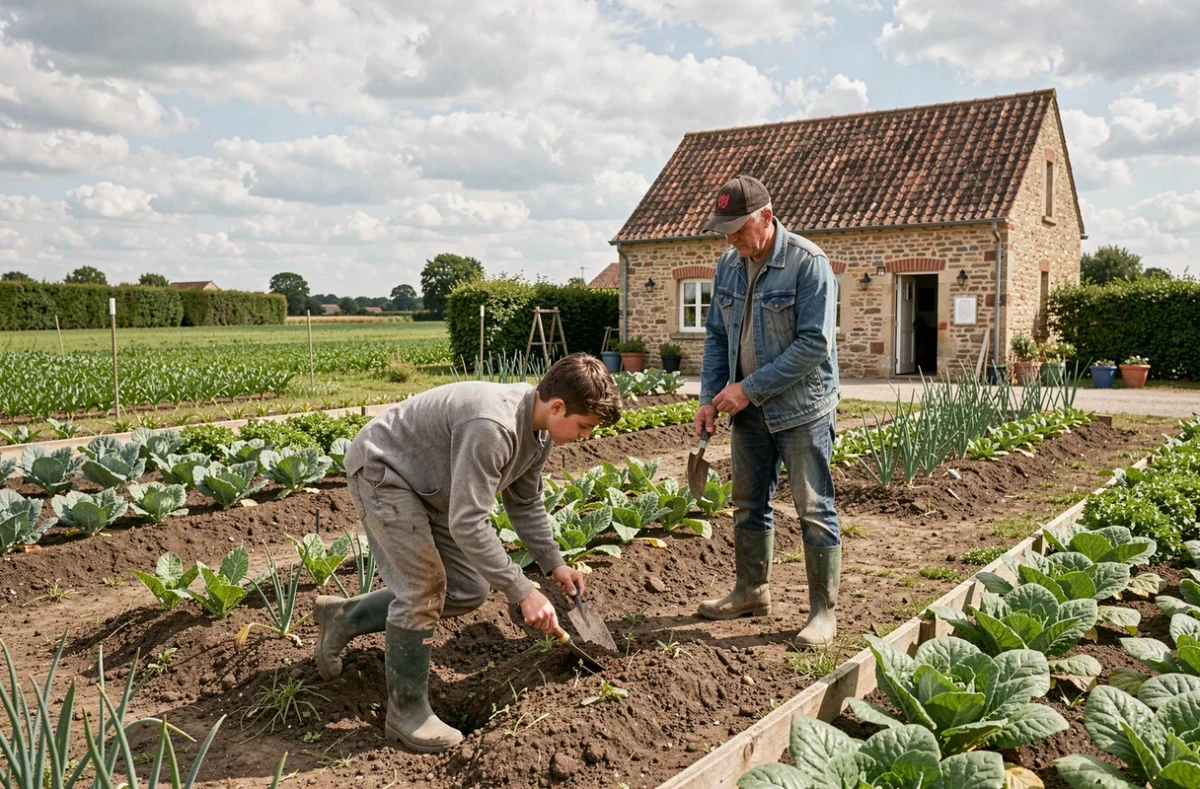 Élèves de la Maison Familiale Rurale du Vendômois travaillant dans un jardin potager encadrés par leur formateur
