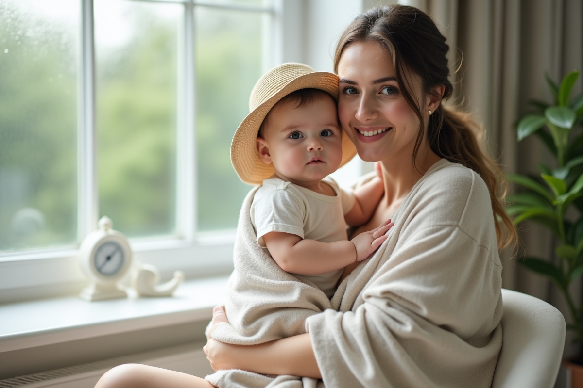 Maman avec sa bébé dans un intérieur calme