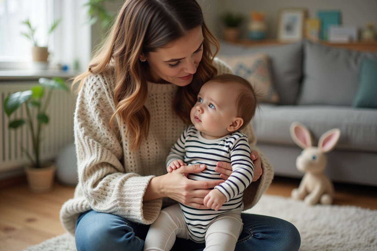 Maman attentive avec son bébé de 10 mois dans un salon lumineux