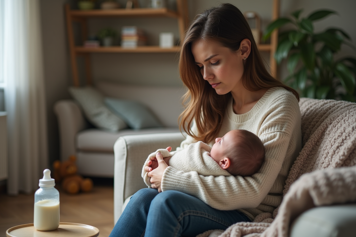 Jeune maman préoccupée tenant son bébé dans un salon cosy