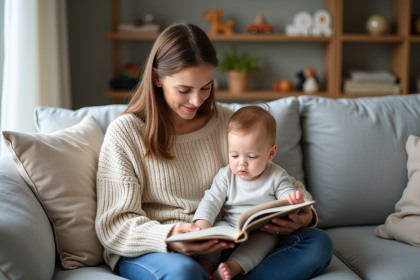 Maman lit un livre à son bébé de 10 mois sur le canapé