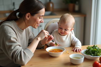 Maman verse de l'huile dans la purée de bébé à la maison