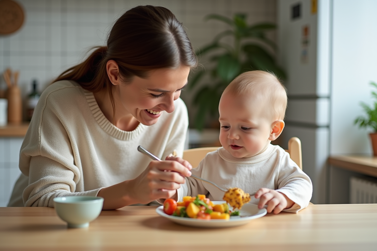 Maman et bébé lors du repas dans la cuisine chaleureuse