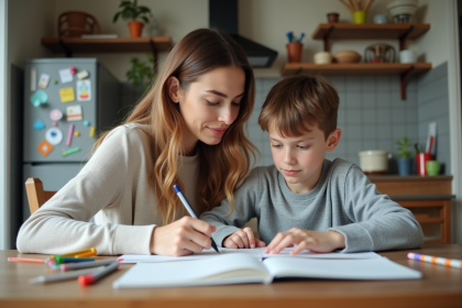 Maman et son enfant de 8 ans faisant leurs devoirs à la maison