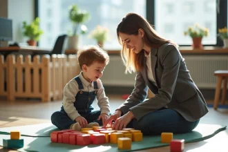 Femme professionnelle et son enfant jouent avec des blocs dans une crèche d'entreprise