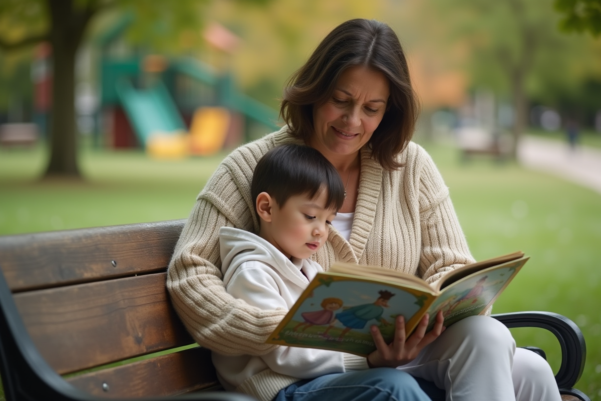 Maman lit un livre à son fils dans un parc verdoyant
