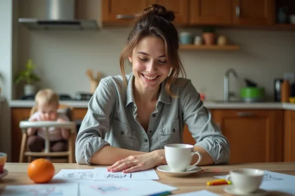 Maman épuisée mais souriante assise à une table de cuisine en désordre entourée de dessins d'enfants et de tasses de café
