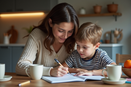 Femme et fille en train de faire leurs devoirs dans la cuisine chaleureuse