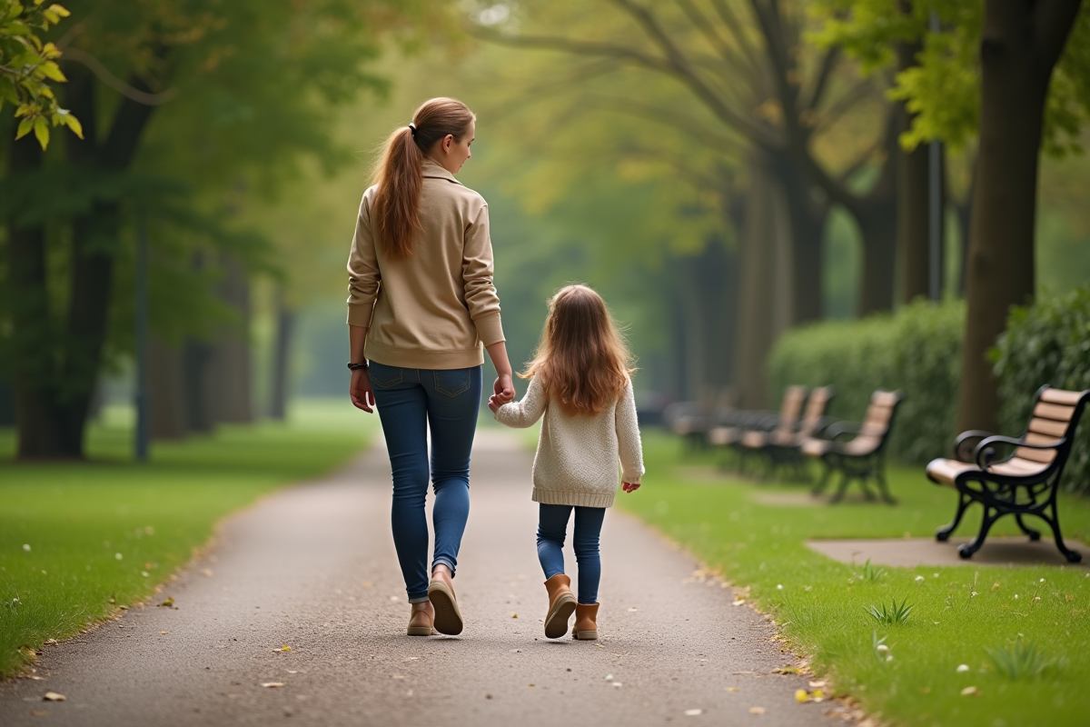 Mère et fille de 10 ans marchant dans un parc verdoyant