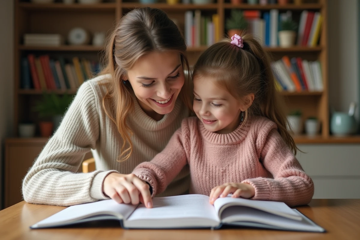 Maman et fille en train d'étudier ensemble dans la cuisine chaleureuse