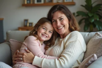 Mère et fille souriantes dans un salon chaleureux