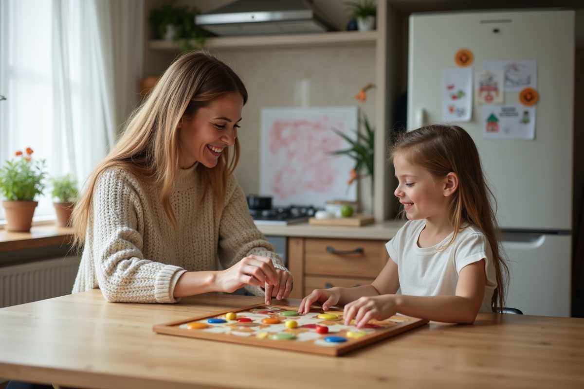 Maman et fille jouent à un jeu de société dans la cuisine