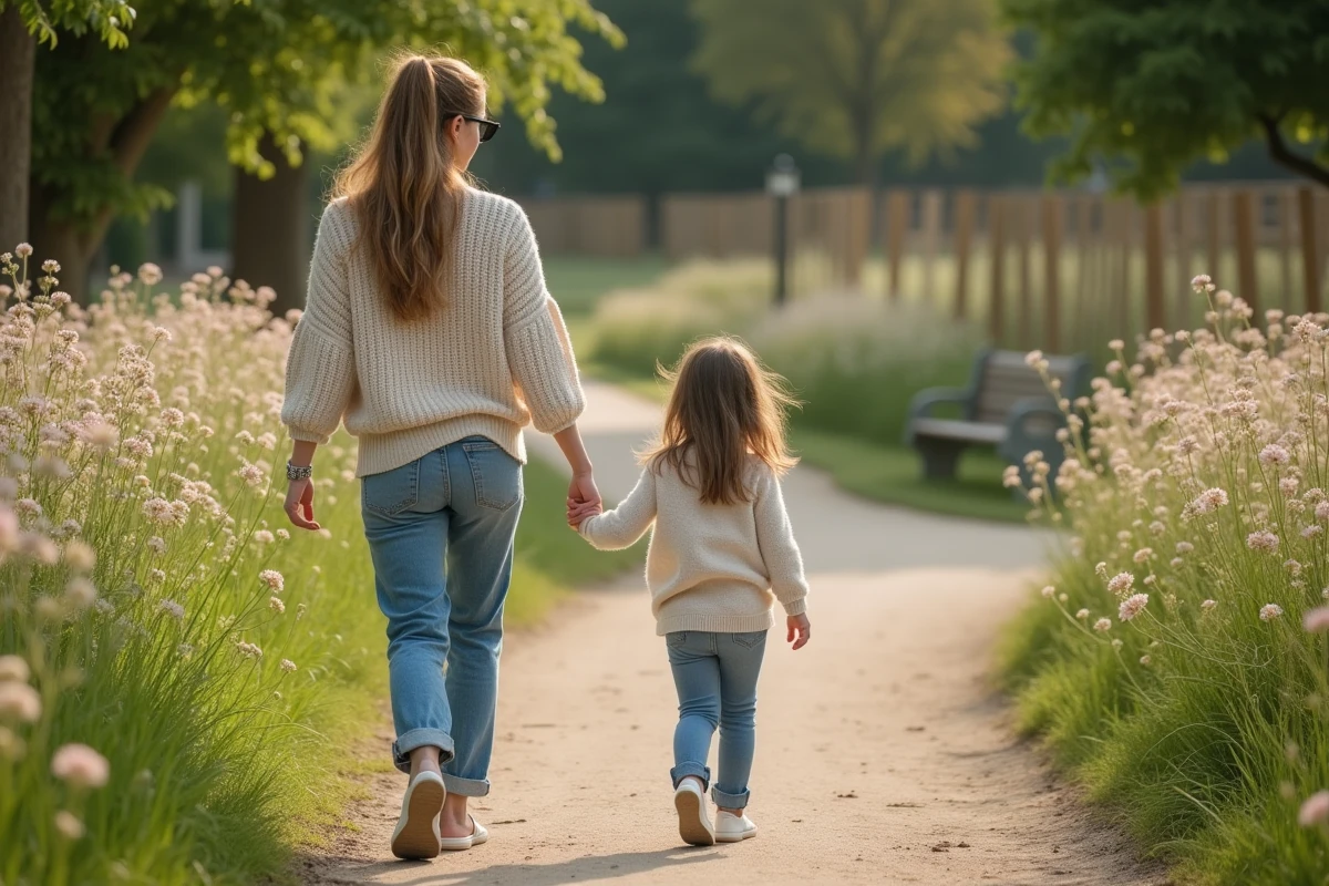 Maman et sa fille de 4 ans marchant dans un parc en famille