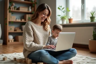Maman solo souriante assise sur le sol avec son enfant en bas âge, utilisant son ordinateur portable pour rejoindre une communauté de soutien en ligne
