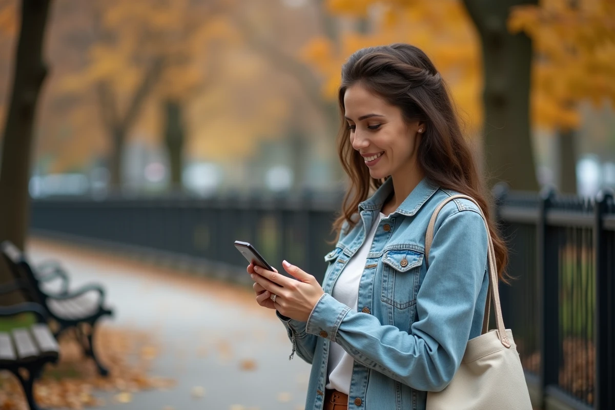 Maman solo debout dans un parc en automne consultant son téléphone, symbolisant la connexion à une communauté de soutien pour parents isolés