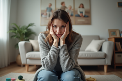 Maman stressée assise sur le canapé familial