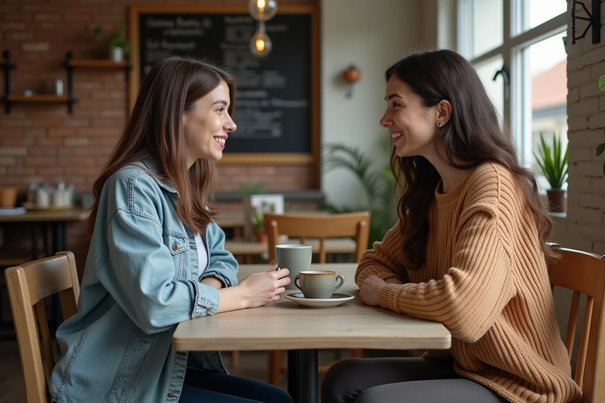 Deux mamans solos partageant leurs expériences autour d'un café, illustrant l'entraide et les témoignages inspirants de la communauté Mama-bears