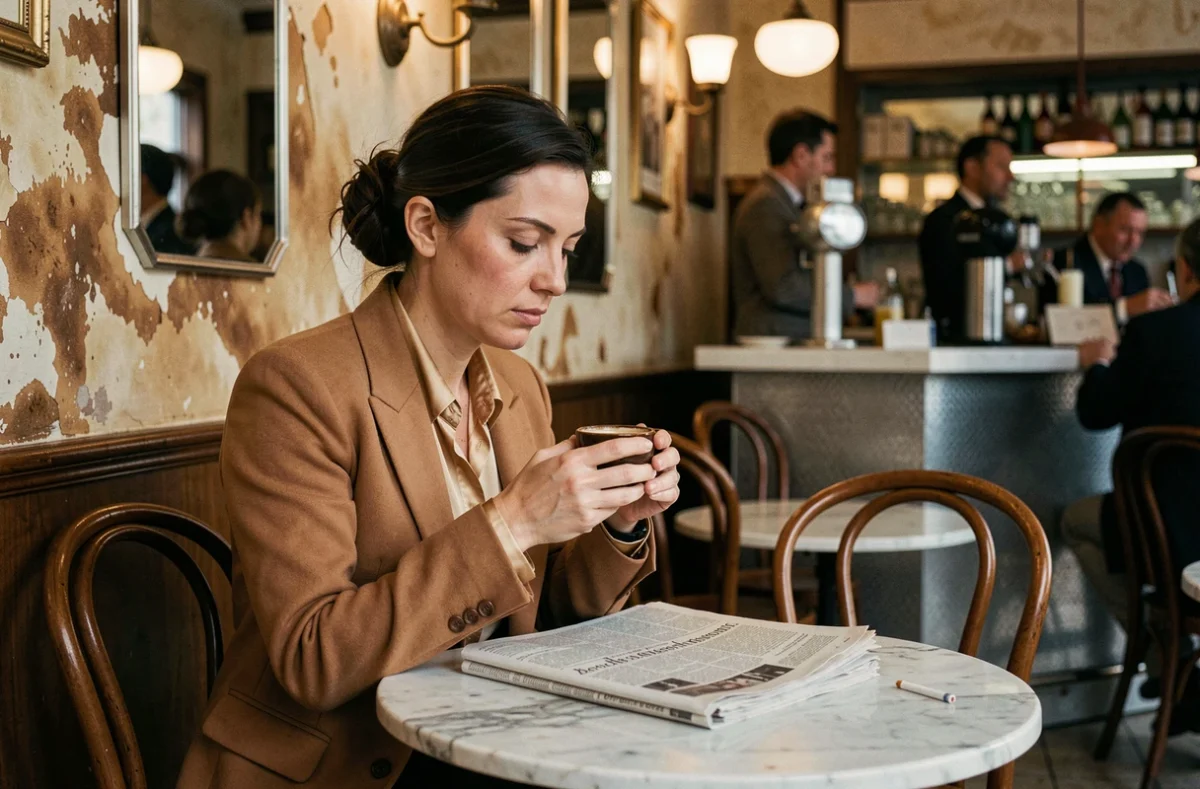Femme pensive assise dans un café parisien vintage des années 70, référence visuelle à l'histoire de María de la Soledad et Mesrine