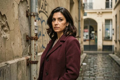 Portrait d'une femme des années 70 dans une ruelle parisienne pavée, évoquant l'univers de María de la Soledad et Jacques Mesrine