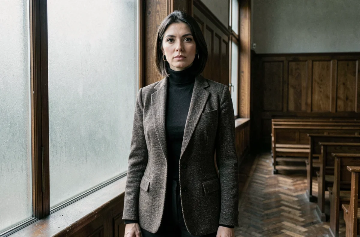 Portrait de femme digne et déterminée dans un intérieur institutionnel français des années 70, illustrant le récit de María de la Soledad dans l'affaire Mesrine