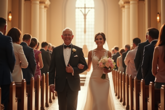 Mariée et son père marchant main dans la main dans une église ensoleillée