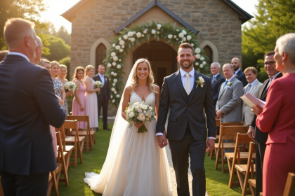 Couple de mariés heureux devant l'église en plein air