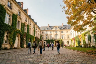 Vue panoramique d'un campus scolaire privé en Centre-Val de Loire avec des élèves traversant une cour en pierre classique