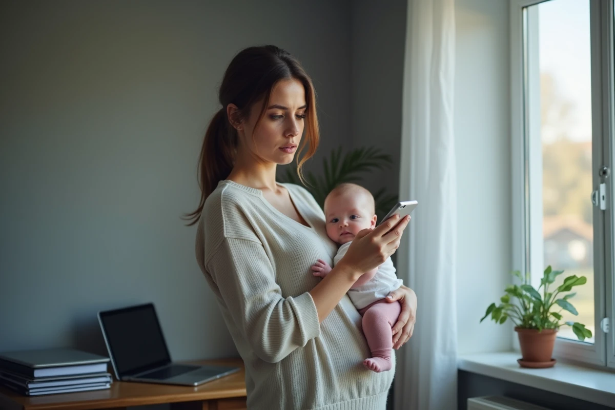 Jeune mère avec nourrisson consultant son smartphone pour des aides sociales après un congé maternité, illustrant la situation des femmes non indemnisées