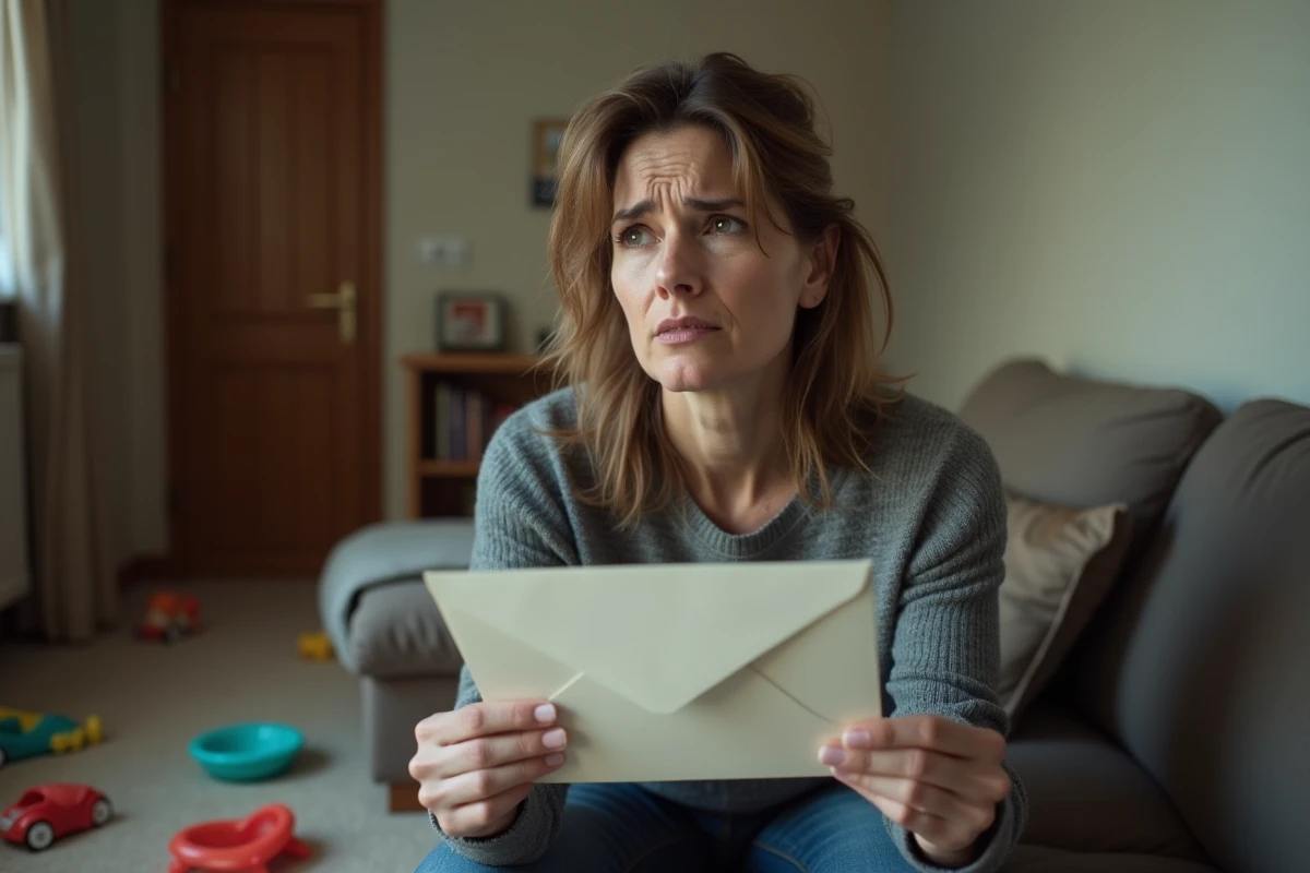 Mère en situation de détresse tenant un document juridique dans son appartement, évoquant les enjeux de la garde d'enfant et du trouble bipolaire