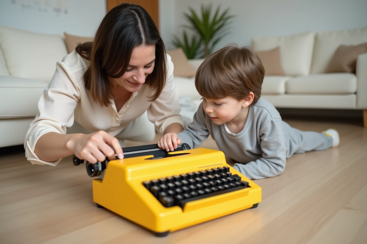 Mère et jeune enfant découvrant ensemble une machine à écrire jouet jaune dans un salon moderne