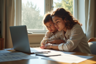 Mère inquiète à son bureau avec enfant et documents de retraite